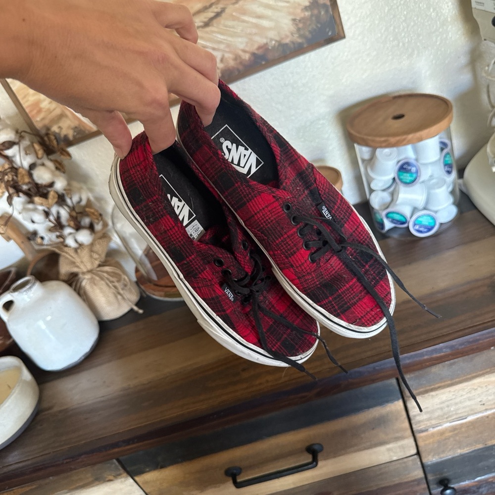 Vans Red and Black Plaid Low-Top Sneakers